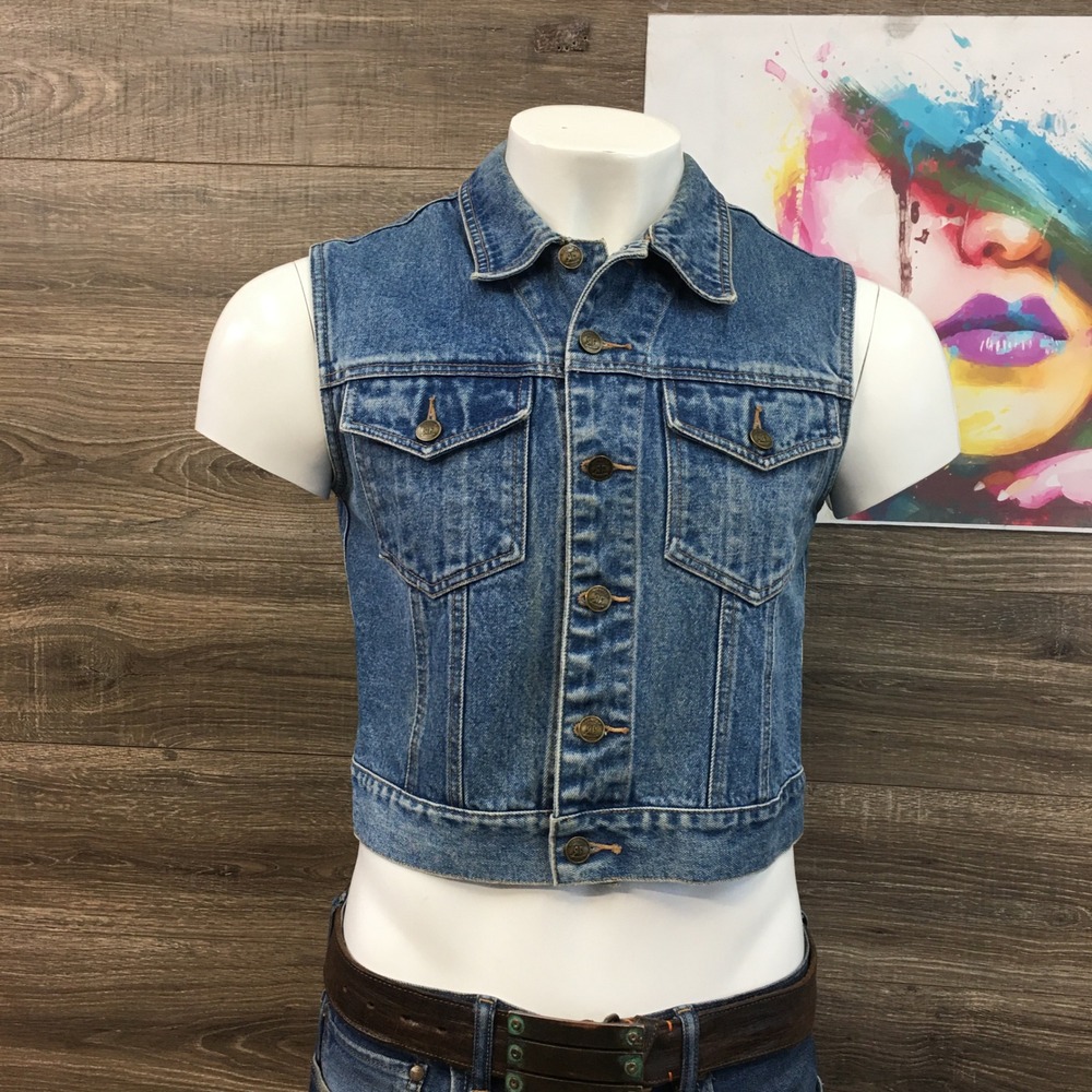 VINTAGE Raffaella Denim Jean Vest Blue Button Front Sleeveless Crop‎ Size L